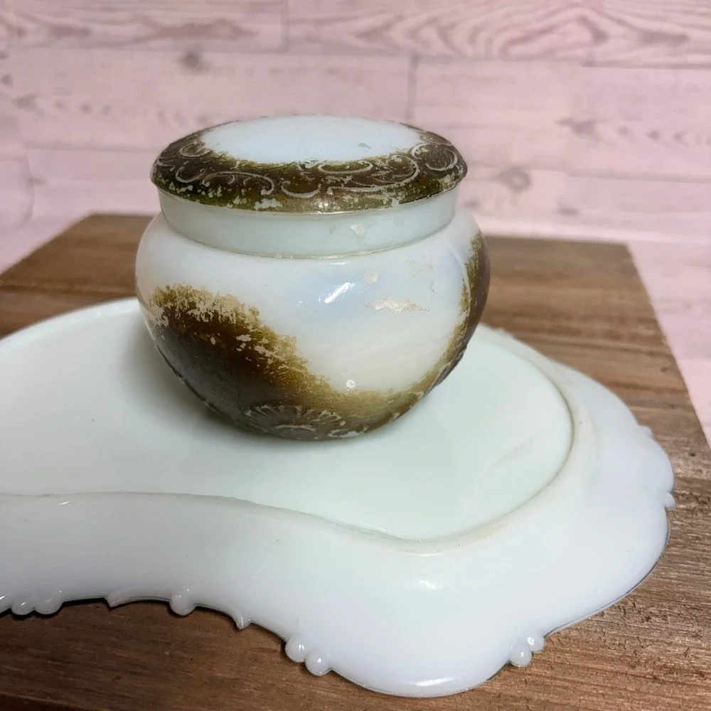 Antique Milk Glass Vanity Set Green Gold Painted Trinket Jar and Tray